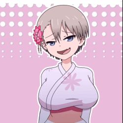 Rule 34 | 1girl, anaiko, animated, animated gif, asymmetrical bangs, blue eyes, breasts, cleavage, clothes, collarbone, fang, female focus, flashing, flower, hair between eyes, hair flower, hair ornament, half-closed eyes, happy, japanese clothes, kimono, large breasts, nipples, open clothes, open mouth, pink background, short hair, silver hair, simple background, skin fang, smile, solo, uzaki-chan wa asobitai!, uzaki hana