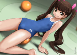 Rule 34 | &gt;:), 1girl, all fours, arena (company), arm support, ball, bare arms, bare legs, bare shoulders, barefoot, blue one-piece swimsuit, blunt bangs, blurry, blurry background, breasts, brown eyes, brown hair, closed mouth, clothes writing, collarbone, competition school swimsuit, competition swimsuit, dutch angle, from above, gluteal fold, hair ornament, hair ribbon, leaning back, logo, long hair, looking at viewer, looking up, one-piece swimsuit, original, pink ribbon, ribbon, rohitsuka, school swimsuit, signature, small breasts, smile, solo, swimsuit, translation request, twintails, v-shaped eyebrows, very long hair