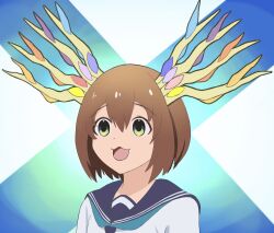 1girl :3 antlers blue_sailor_collar brown_hair creatures_(company) deer_girl game_freak gen_6_pokemon green_eyes hair_between_eyes highres horns legendary_pokemon looking_ahead mega_mandax nintendo open_mouth pokemon pokemon_xy sailor_collar shikanoko_noko shikanoko_nokonoko_koshitantan shirt short_hair solo upper_body white_shirt xerneas