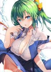 Rule 34 | 1girl, aged up, alternate breast size, amamitsu kousuke, blue dress, blue eyes, blush, breasts, cleavage, collarbone, commentary request, covered erect nipples, cowboy shot, cum, cum in pussy, daiyousei, dress, fairy wings, green hair, groin, hair between eyes, hair ribbon, hand up, heart, heart-shaped pupils, highres, large breasts, long hair, looking at viewer, no panties, parted lips, pinafore dress, puffy short sleeves, puffy sleeves, ribbon, shirt, short sleeves, side ponytail, simple background, sleeveless dress, solo, sweat, symbol-shaped pupils, touhou, white background, white shirt, wing collar, wings, yellow ribbon