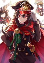 Rule 34 | 1girl, adjusting clothes, adjusting headwear, black hair, cape, chibi, deformed, fate (series), gloves, hair between eyes, hair over shoulder, hand on own hip, hat, highres, katana, koha-ace, long hair, looking at viewer, military, military uniform, nonono (nononotea), oda nobunaga (fate), oda nobunaga (koha-ace), open mouth, peaked cap, red eyes, sheath, sheathed, sidelocks, solo, sword, uniform, weapon, white gloves