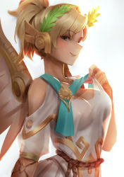 Rule 34 | 1girl, ancient greek clothes, backlighting, berg-yb, blonde hair, blue eyes, breasts, chiton, cleavage, covered erect nipples, from side, head wreath, headwear request, high ponytail, highres, laurel crown, looking at viewer, mechanical wings, medium breasts, mercy (overwatch), no bra, official alternate costume, overwatch, overwatch 1, seductive smile, see-through, short hair, short sleeves, sideways glance, simple background, smile, solo, strap lift, toga, upper body, white background, winged victory mercy, wings