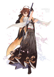 Rule 34 | absurdres, ahoge, alternate costume, bishounen, black cape, brown hair, brown kimono, cape, cherry blossoms, commentary, english commentary, english text, falling petals, floating clothes, full body, gloves, granblue fantasy, hair between eyes, highres, holding, holding sword, holding weapon, hyuuhyoo, japanese clothes, katana, kimono, looking to the side, male focus, messy hair, new year, petals, red eyes, sandalphon (granblue fantasy), striped clothes, sword, vertical-striped clothes, weapon, white background