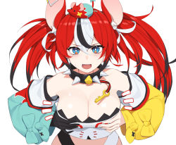 Rule 34 | 1girl, absurdres, alternate breast size, animal, animal ears, animal on head, asymmetrical sleeves, black collar, black gloves, black hair, breasts, cleavage, collar, dice hair ornament, gloves, green sleeves, hair between eyes, hair ornament, hair ribbon, hakos baelz, highres, hololive, hololive english, large breasts, looking at viewer, mismatched sleeves, mouse (animal), mouse ears, mouse girl, mouse on head, mr. squeaks (hakos baelz), multicolored hair, on head, pepper0, red hair, ribbon, simple background, single glove, solo, spiked collar, spikes, virtual youtuber, white background, white hair, white ribbon, yellow sleeves