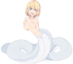 Rule 34 | bad id, bad pixiv id, blonde hair, blue eyes, breasts, frfr, lamia, monster girl, navel, nipples, open mouth, original, pointy ears, simple background, white background
