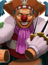 Rule 34 | 1boy, ascot, blue hair, buggy the clown, clown nose, coat, crossbones, detached, disembodied hand, dismembered, fur coat, fur trim, grin, hat, highres, jolly roger, knife, lipstick, makeup, male focus, one piece, pirate, pirate hat, shirt, smile, solo, striped clothes, striped shirt, teeth, tricorne, weapon, yellow eyes, yoshida takanori
