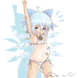 Rule 34 | 1girl, ahoge, armpits, arms up, bikini, blue eyes, blue hair, blush, cirno, coreytaiyo, cowboy shot, dated, fang, flower, hair ribbon, hidden star in four seasons, highres, ice, ice wings, leaf, looking at viewer, navel, open mouth, plant, ribbon, short hair, signature, smile, solo, stretching, sunflower, swimsuit, tan, tanline, tanned cirno, touhou, vines, white background, wings