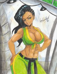 Rule 34 | 1girl, 2021, absurdres, asymmetrical hair, black hair, braid, breasts, brown eyes, capcom, cleavage, commission, cornrows, front-tie top, green pants, highres, large breasts, laura matsuda, long hair, martial arts belt, navel, outdoors, pants, ravernclouk design, solo, street fighter, street fighter v, tank top, traditional media