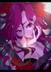 Rule 34 | 1girl, closed mouth, earrings, fingernails, flower, goma irasuto, highres, jewelry, long hair, looking at viewer, mole, mole under eye, nail polish, original, pink eyes, purple hair, red flower, red theme, signature, smile, solo