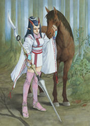 Rule 34 | 1girl, aritani mahoro, black hair, forest, full body, highres, holding, holding weapon, horns, horse, japanese clothes, nature, oni horns, original, pointy ears, polearm, ponytail, sandals, solo, standing, traditional media, tree, weapon, wide sleeves