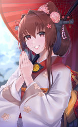 Rule 34 | 1girl, absurdres, ayuko91, brown hair, cherry blossoms, floral print, flower, hair flower, hair ornament, headgear, highres, japanese clothes, kantai collection, kimono, long hair, obi, official alternate costume, oil-paper umbrella, own hands together, ponytail, print kimono, red umbrella, sash, solo, umbrella, upper body, white kimono, yamato (kancolle)