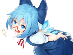 Rule 34 | 1girl, arms behind back, asutora, bespectacled, blouse, blue bow, blue dress, blue eyes, blue hair, bow, cirno, dress, glasses, hair between eyes, hair bow, ice, ice wings, open mouth, pinafore dress, puffy short sleeves, puffy sleeves, red-framed eyewear, red neckwear, red ribbon, ribbon, semi-rimless eyewear, shirt, short hair, short sleeves, simple background, sleeveless dress, solo, teeth, touhou, under-rim eyewear, white background, white shirt, wings