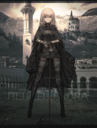 Rule 34 | 1girl, absurdres, bandages, black cape, black skirt, blonde hair, boots, building, cape, castle, city, cross scar, expressionless, fantasy, female focus, fingerless gloves, gloves, greyscale, highres, holding, holding sword, holding weapon, legs apart, long hair, looking at viewer, monochrome, mountain, original, outdoors, parted lips, partially colored, pleated skirt, scar, scar on face, skirt, solo, standing, sword, thigh boots, thighhighs, tuda6, weapon, zweihander