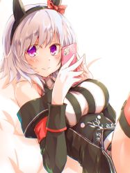 Rule 34 | 1girl, animal ears, bare shoulders, bed sheet, black hairband, black jacket, blush, bow, breasts, cellphone, closed mouth, collared dress, commentary request, curren chan (umamusume), dress, ear bow, gloves, hairband, hands up, holding, holding phone, horse ears, jacket, long sleeves, looking at viewer, lying, medium breasts, off-shoulder jacket, off shoulder, on back, phone, purple eyes, red bow, red thighhighs, rinrin (927413), silver hair, sleeveless, sleeveless dress, solo, striped clothes, striped dress, thighhighs, umamusume, vertical-striped clothes, vertical-striped dress, white gloves