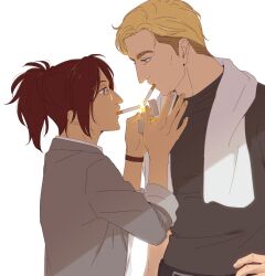 Rule 34 | 1boy, 1other, aquiline nose, blonde hair, blue eyes, brown eyes, brown hair, commentary, erwin smith, glasses, grey jacket, hand on own hip, hange zoe, hanpetos, height difference, holding, holding lighter, jacket, lighter, lighting cigarette, ponytail, shade, shingeki no kyojin, towel, towel around neck, zippo lighter