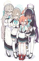 Rule 34 | 4girls, ahoge, akane (blue archive), apron, asuna (blue archive), asymmetrical bangs, black shirt, black skirt, blue archive, blush, breasts, brown eyes, center opening, cleavage, collared shirt, dark-skinned female, dark skin, full body, glasses, gloves, grin, hair over one eye, halo, high heels, high tops, highres, holding hands, kamo (kamonabe 44), karin (blue archive), long hair, looking at another, maid apron, maid headdress, medium breasts, mole, mole on breast, mole under each eye, mole under eye, multiple girls, multiple moles, neru (blue archive), open mouth, orange hair, pantyhose, pleated skirt, purple eyes, red eyes, shirt, shoes, skirt, small breasts, smile, sneakers, standing, strappy heels, thighhighs, waist apron, white gloves, white legwear, white shirt, yellow eyes