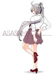 Rule 34 | 1girl, absurdres, ahoge, asashimo (kancolle), bare legs, character name, commentary request, dress, dress shirt, from behind, full body, grey eyes, grin, halter dress, halterneck, high heels, highres, kantai collection, long hair, long sleeves, looking at viewer, pleated dress, ponytail, purple dress, red footwear, sharp teeth, shirt, simple background, smile, solo, tamaki., teeth, white background, white shirt