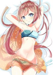 Rule 34 | 1girl, armpits, bikini, blue eyes, blush, breasts, brown hair, closed mouth, eyebrows, highres, hizaka, kantai collection, kazagumo (kancolle), long hair, looking at viewer, multicolored clothes, multicolored swimsuit, one-hour drawing challenge, ponytail, shawl, simple background, small breasts, smile, solo, swimsuit, twitter username, white background