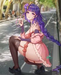 Rule 34 | 1girl, absurdres, bare shoulders, bicycle, black thighhighs, blunt bangs, bow, bra, braid, breasts, dress, fingerless gloves, flower, fuhua (wvxv7882), full body, genshin impact, gloves, hair flower, hair ornament, highres, large breasts, long hair, looking at viewer, low-braided long hair, low-tied long hair, mole, mole under eye, off shoulder, outdoors, pink dress, raiden shogun, red bra, road, shoes, smile, solo, squatting, thighhighs, tree, underwear, v