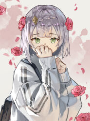 Rule 34 | 1girl, blood, braid, flower, genshin impact, green eyes, grey hair, hair between eyes, hair flower, hair ornament, hand to own mouth, highres, jacket, jewelry, long sleeves, looking at viewer, lycsakd, noelle (genshin impact), petals, pink flower, red flower, red rose, rose, shirt, short hair, simple background, solo, sweater, upper body