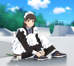 Rule 34 | 1girl, apron, blurry, blurry background, brown eyes, brown hair, commentary, day, maid, maid apron, maid headdress, original, outdoors, shoes, sitting, skate park, skateboard, sneakers, solo, suzushiro (suzushiro333), tying shoes