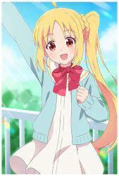 Rule 34 | 1girl, :d, arm up, blonde hair, blue sky, blush, bocchi the rock!, bow, braid, cloud, commentary request, day, dress, highres, ijichi nijika, jacket, long hair, long sleeves, open clothes, open jacket, open mouth, outdoors, outstretched arm, parted bangs, puffy long sleeves, puffy sleeves, railing, red bow, red eyes, sailor collar, sailor dress, side ponytail, sky, smile, solo, very long hair, white dress, white jacket, white sailor collar, x-6