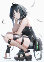 Rule 34 | 1girl, absurdres, ahoge, arknights, bare legs, bare shoulders, black gloves, black hair, commentary request, fingerless gloves, gloves, grey background, grey eyes, grey shirt, grey shorts, highres, la pluma (arknights), lodbyy, looking at viewer, parted lips, shirt, short hair, short shorts, shorts, sleeveless, sleeveless shirt, solo, squatting, thigh strap, thighhighs, thighs