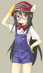 Rule 34 | 1girl, :o, akemi homura, baseball cap, black hair, blush, bow, bowtie, character name, clothes writing, cosplay, cowboy shot, dr. slump, expressionless, glasses, gloves, grey background, hand on headwear, hand on own hip, hat, long hair, looking away, mahou shoujo madoka magica, mahou shoujo madoka magica (anime), norimaki arale, norimaki arale (cosplay), overalls, purple eyes, red-framed eyewear, red bow, red bowtie, salute, semi-rimless eyewear, shirt, short sleeves, simple background, solo, standing, thighs, tsubaki (tatajd), under-rim eyewear, white shirt, yellow gloves
