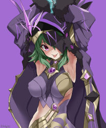 Rule 34 | 1girl, armpits, arms up, breasts, brooch, cicin mage (genshin impact), cloak, closed mouth, electro cicin mage (genshin impact), fatui, fur trim, genshin impact, green hair, highres, hood, hooded cloak, jewelry, kurokage, long hair, long sleeves, looking at viewer, mask, medium breasts, pink eyes, purple background, revealing clothes, simple background, smile, solo, tongue, tongue out, upper body