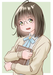 Rule 34 | 1girl, blue bow, book, bow, cardigan, collared shirt, from side, glasses, head tilt, holding, holding book, looking at viewer, open cardigan, open clothes, open mouth, original, shirt, smile, striped clothes, striped shirt, yamanaka kouji (yanchiki2001)