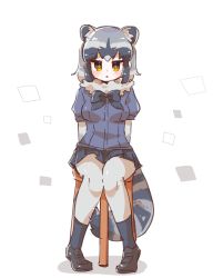 Rule 34 | 1girl, animal ears, black bow, black bowtie, blue hair, blue skirt, blue sweater, blush, bow, bowtie, chair, commentary request, common raccoon (kemono friends), elbow gloves, extra ears, full body, fur collar, gloves, grey hair, grey pantyhose, highres, kemono friends, multicolored hair, pantyhose, pleated skirt, puffy short sleeves, puffy sleeves, raccoon ears, raccoon girl, raccoon tail, saiun san, short hair, short sleeves, sitting, skirt, solo, sweater, tail, two-tone legwear, white bow, white bowtie, yellow eyes
