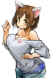 Rule 34 | 1girl, animal ears, bare shoulders, breasts, brown hair, cat ears, character request, collarbone, copyright request, green eyes, huge breasts, looking at viewer, sachito, short hair, simple background, smile, solo, white background