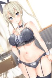 Rule 34 | 10s, 1girl, animal ears, bad id, bad twitter id, bed, black bra, black panties, black thighhighs, blonde hair, blue eyes, blush, bra, breasts, collarbone, commentary request, covered erect nipples, curtains, detached collar, dutch angle, earrings, embarrassed, garter straps, graf zeppelin (kancolle), hair between eyes, hand on own hip, highres, indoors, jewelry, kantai collection, lamp, large breasts, long hair, looking at viewer, navel, panties, rabbit ears, sakiryo kanna, solo, thighhighs, twintails, twitter username, underwear, window, wrist cuffs