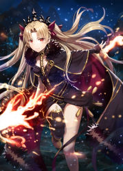 Rule 34 | 1girl, asymmetrical legwear, between breasts, black thighhighs, blonde hair, blush, breasts, cape, commentary request, earrings, ereshkigal (fate), fate/grand order, fate (series), fire, fur-trimmed cape, fur trim, gabiran, hair ribbon, jewelry, light particles, long hair, looking at viewer, parted bangs, red cape, red eyes, red ribbon, ribbon, single thighhigh, skull, smile, solo, thighhighs, tiara, tohsaka rin, twintails, two side up, uneven legwear