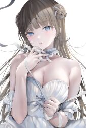 Rule 34 | 1girl, absurdres, bare shoulders, blue eyes, blunt bangs, breasts, brown hair, cattleya regina games, choker, cleavage, detached sleeves, double bun, dress, frilled choker, frills, hair bun, hanabusa lisa, highres, holding, holding ribbon, long hair, looking at viewer, medium breasts, parted lips, pomelunch, ribbon, sidelocks, simple background, solo, upper body, virtual youtuber, vspo!, white background, white choker, white dress, white ribbon
