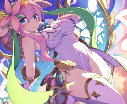 Rule 34 | 1girl, bell, breasts, casual one-piece swimsuit, character request, duel masters, flower, gloves, hair flower, hair ornament, highleg, highleg swimsuit, large breasts, long hair, neck bell, one-piece swimsuit, pink eyes, pink hair, smile, solo, swimsuit, thighhighs, thighs, twin-7646, white gloves, white one-piece swimsuit, white thighhighs