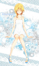 Rule 34 | 1girl, bad id, bad pixiv id, blonde hair, bunta01, character name, closed eyes, dress, female focus, full body, hair between eyes, kingdom hearts, knees together feet apart, namine, outline, sandals, sitting, solo, sundress, white background, white outline