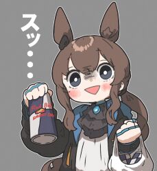 Rule 34 | 1girl, amiya (arknights), amonitto, animal ears, arknights, ascot, bag, black ascot, black eyes, black jacket, blue jacket, blush, bright pupils, brooch, brown hair, can, commentary, earpiece, empty eyes, energy drink, gloom (expression), grey background, hand up, highres, holding, holding bag, holding can, hood, hood down, hooded jacket, incoming drink, jacket, jewelry, long hair, long sleeves, looking at viewer, low ponytail, multicolored clothes, multicolored jacket, multiple rings, open clothes, open jacket, outline, plastic bag, rabbit ears, rabbit girl, red bull, ring, shirt, sidelocks, simple background, smile, solo, triangle mouth, two-tone jacket, upper body, white outline, white pupils, white shirt, wide-eyed