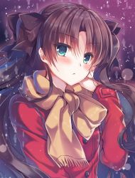 Rule 34 | 1girl, :&lt;, black bow, blue eyes, blush, bow, brown hair, closed mouth, coat, commentary request, fate/stay night, fate (series), hair bow, hand up, highres, light particles, long sleeves, looking at viewer, parted bangs, red coat, scarf, solo, suzunone rena, tohsaka rin, two side up, upper body, yellow scarf