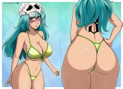 Rule 34 | 1girl, absurdres, arrancar, artist name, ass, bikini, bleach, blue background, breasts, brown eyes, cleavage, front and back, green hair, hand on own hip, highres, large breasts, long hair, mask, mistowing, nelliel tu odelschwanck, number tattoo, patterned background, skull, skull mask, skull on head, swimsuit, tattoo, thong bikini