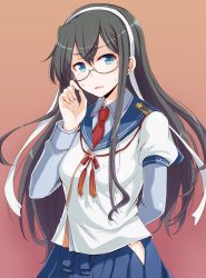 Rule 34 | 10s, 1girl, anti (untea9), black hair, blush, glasses, hairband, highres, hip vent, kantai collection, long hair, looking at viewer, ooyodo (kancolle), ooyodo kai (kancolle), open mouth, school uniform, skirt, sweatdrop