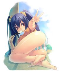 Rule 34 | 1girl, ass, bare legs, barefoot, black hair, breasts, brown eyes, chocolate banana, eating, feet, food in mouth, foreshortening, hirano katsuyuki, long hair, looking at viewer, lying, no pants, on side, original, panties, scrunchie, solo, striped clothes, striped panties, twintails, underwear, v