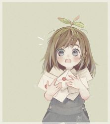 Rule 34 | 1girl, artist name, blue eyes, blush, brown hair, child, commentary, english commentary, fairyapple, letter, open mouth, original, short hair, simple background, solo, teeth, upper body