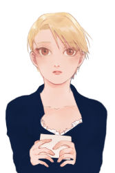 Rule 34 | 1girl, aged down, black shirt, blending, blonde hair, breasts, brown eyes, cleavage, closed mouth, collarbone, commentary, fullmetal alchemist, hands up, jellymlk, lips, long sleeves, looking at viewer, riza hawkeye, shirt, short hair, simple background, solo, upper body, white background