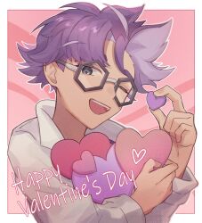 Rule 34 | 1boy, ;d, border, commentary request, creatures (company), game freak, glasses, grey eyes, happy valentine, heart, highres, holding, jacq (pokemon), looking at viewer, male focus, nintendo, one eye closed, open mouth, outline, outside border, pokemon, pokemon sv, purple hair, short hair, sioinari 03, smile, solo, teeth, upper body, upper teeth only, valentine, white border