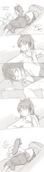 Rule 34 | 10s, 2girls, absurdres, against furniture, akemi homura, alternate costume, bow, close-up, closed eyes, comic, couch, cushion, cutoff jeans, cutoffs, elbow rest, feet, food, glance, hair bow, hair in own mouth, hair strand, hairband, head on arm, highres, hip focus, hood, hoodie, lips, long hair, long skirt, looking away, looking back, lying, mahou shoujo madoka magica, mahou shoujo madoka magica (anime), monochrome, multiple girls, on side, pleated skirt, pocky, ponytail, rising, sakura kyoko, shaft (company), shorts, sitting, skirt, sleeping, snort, translation request, uruo