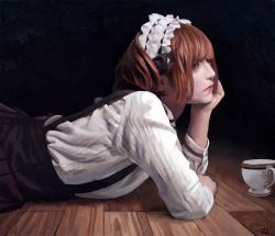 Rule 34 | 1girl, black background, brown eyes, brown hair, commentary, cup, hand on own chin, head rest, highres, imai takahiro, lips, lolita fashion, lying, maid headdress, oil painting (medium), on stomach, original, painting (medium), profile, realistic, short hair, signature, skirt, solo, suspender skirt, suspenders, teacup, traditional media, wooden floor