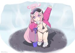 Rule 34 | blue archive, chibi, eimi (blue archive), eimi (swimsuit) (blue archive), frostpunk, full body, goggles, highres, looking at viewer, nemo (leafnight), pink hair, ponytail, shovel, snow, standing, twitter