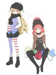 Rule 34 | 2girls, :o, alternate costume, american flag legwear, arms behind back, black footwear, black hat, black legwear, black shirt, blonde hair, blush, boots, breasts, brown coat, casual, chain, closed mouth, clothes writing, clownpiece, coat, collar, collarbone, fairy wings, fur-trimmed coat, fur trim, hands in pockets, hat, hecatia lapislazuli, high heel boots, high heels, highres, jack (wkm74959), jester cap, long hair, long sleeves, looking at viewer, medium breasts, medium hair, multicolored clothes, multicolored skirt, multiple girls, no shoes, open clothes, open coat, open mouth, orb, pantyhose, plaid, plaid skirt, print legwear, print pantyhose, print vest, puffy shorts, red eyes, red hair, shirt, shorts, simple background, sitting, skirt, smile, star (symbol), star print, sweat, touhou, v-shaped eyebrows, very long hair, white background, white shirt, wings