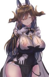Rule 34 | 14sai bishoujo (shoutarou), 1girl, animal ears, breasts, closed mouth, detached sleeves, eyes visible through hair, galleon (granblue fantasy), gloves, granblue fantasy, hair between eyes, hair ornament, horns, large breasts, long hair, pointy ears, simple background, solo, white background, white gloves